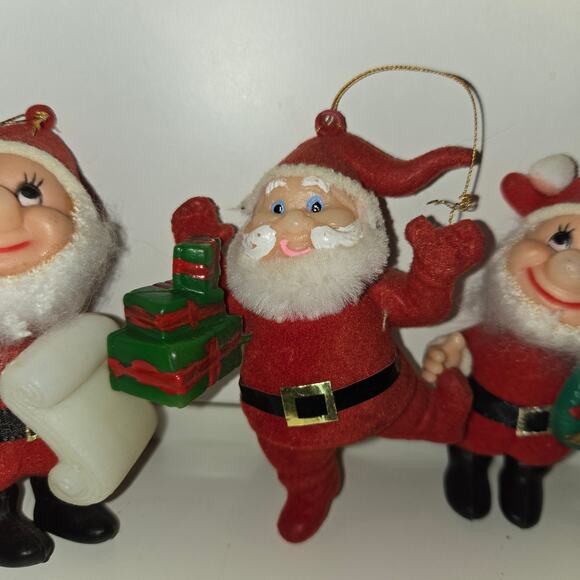 4 vintage flocked Christmas ornaments Santa and Elves - Picture 4 of 8